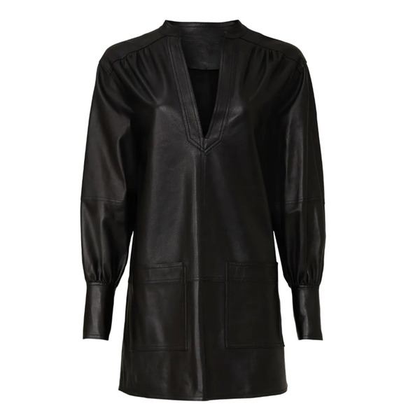 Rebecca Taylor Black Faux Leather Mini Tunic Dress XS Edgy Designer $295 Flaw - Picture 3 of 11